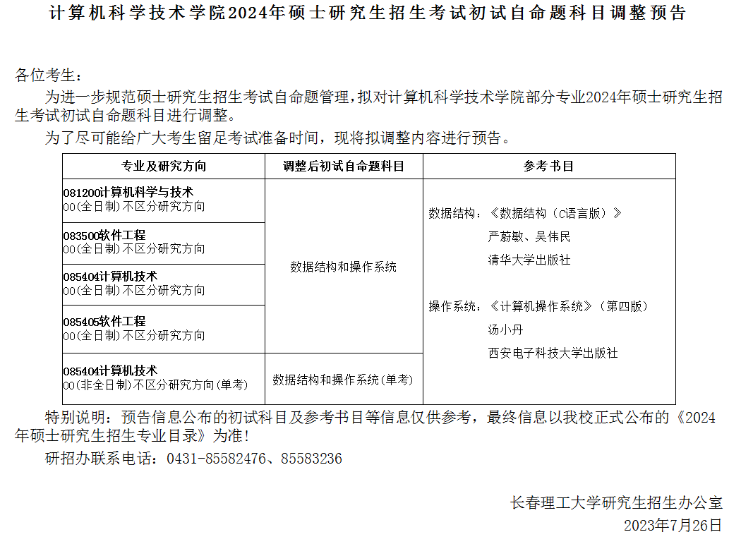 长春理工大学计算机科学技术学院2024年硕士研究生招生考试初试自命题科目调整预告